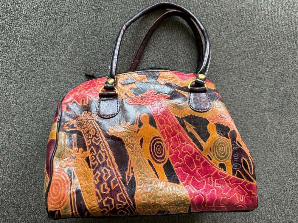 Shantiniketan Hand-Tooled Embossed Leather Handbag with Giraffe Motif